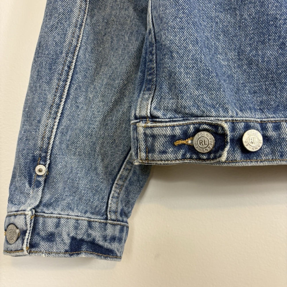 Vtg Ralph Lauren Polo Jeans Co Denim Jacket American Flag Patch Womens Sz L USA - Picture 12 of 14